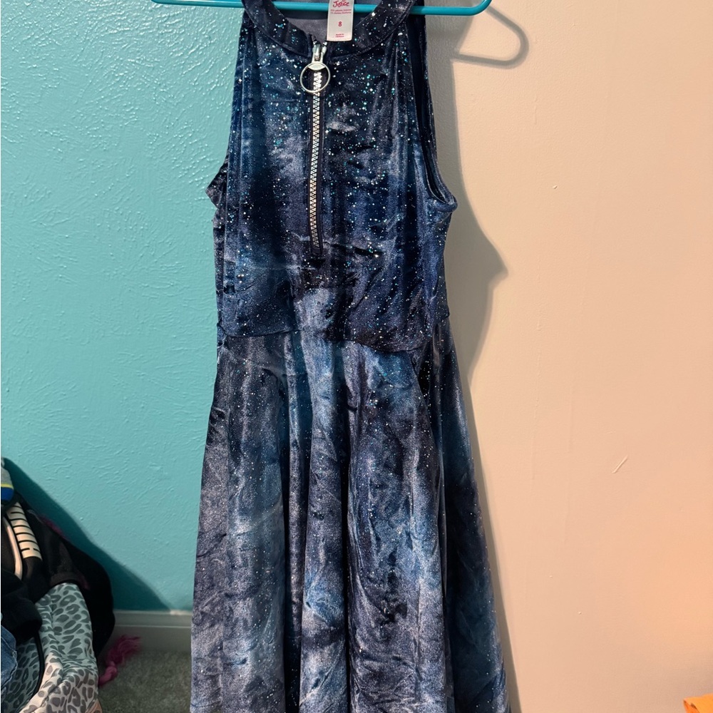 Justice Navy Galaxy Zip-Front Velvet Dress with Sparkle